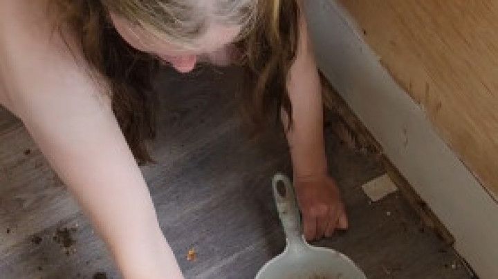 Petite girl made to clean the dirty floor naked