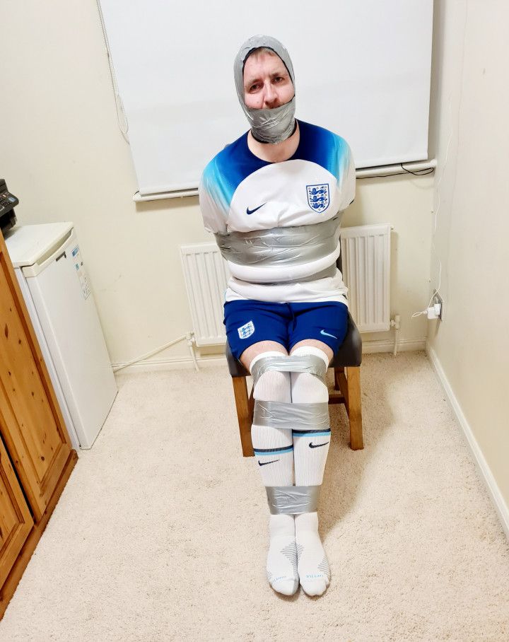 Miss M makes a bound and gagged footballer hop