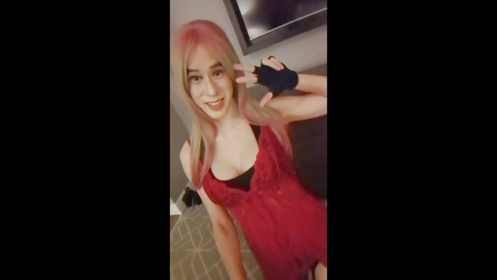 MtF Crossdresser wears a Sexy Red Lace Babydoll