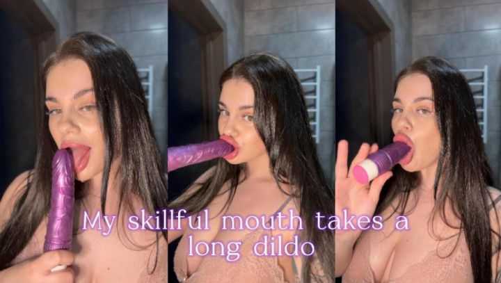 My skillful mouth takes a long dildo