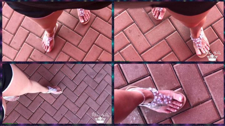 POV Walking in shiny sandals and toe wig