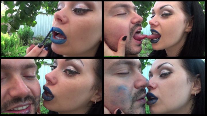 Covering Alex with blue shiny lipstick