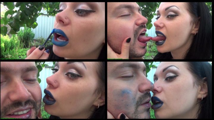 Covering Alex with blue shiny lipstick