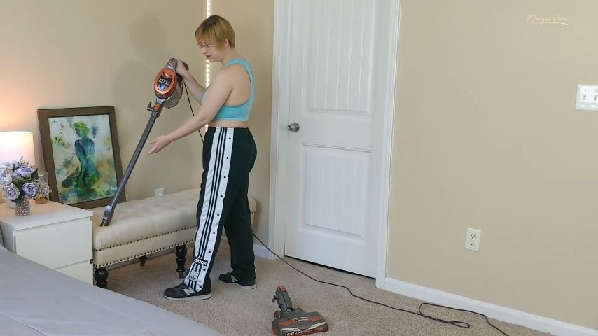 Vacuuming in Sports Bra and Adidas Pants