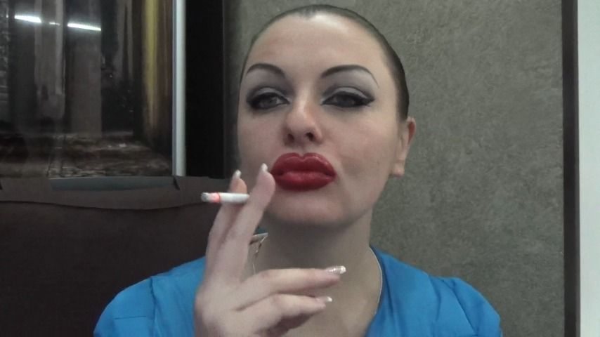 Sexy make-up huge red lips smoking