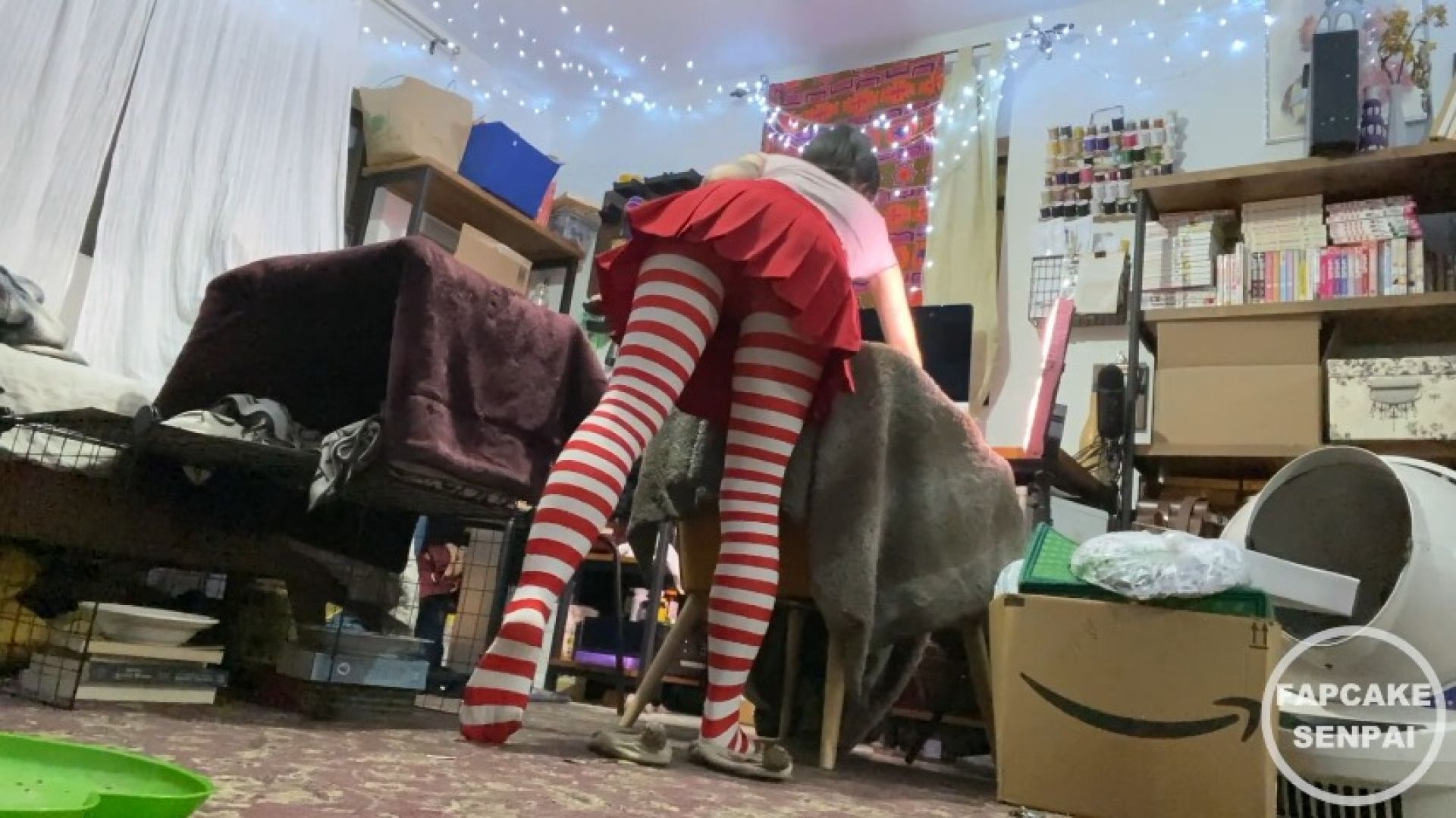 Cleaning My Room in Red Stockings