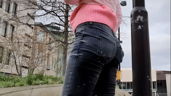 Black jeans public wetting walk peeing