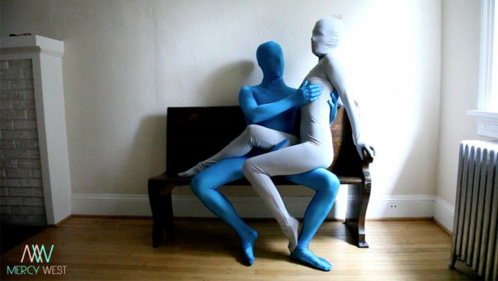 Zentai Duo Mr Blue has a hard-on