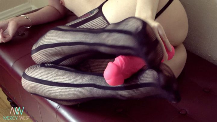 Stocking tease with giant pink cock