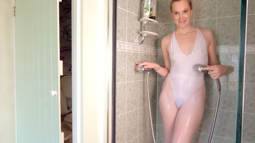 Shower in White Leotard &amp; Footless Tight