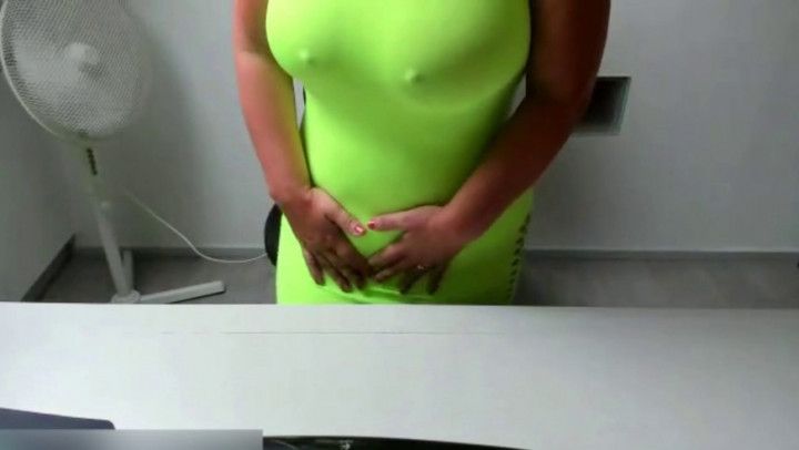 Teasing in a neon yellow dress