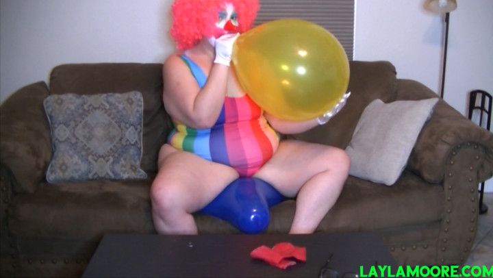 Clown Girl Blows &amp; Sit Pops Big Balloons