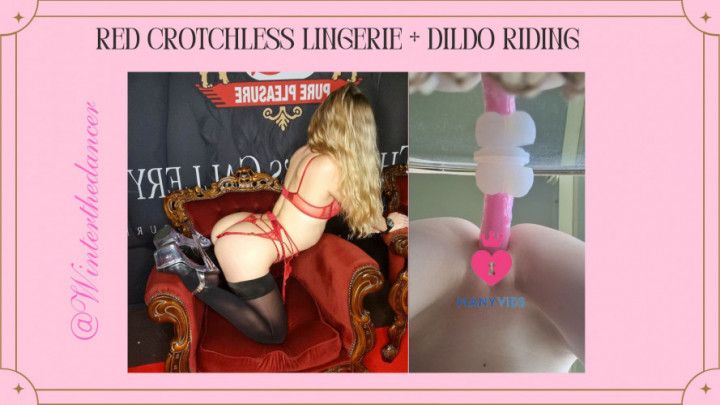 Red crotchless panties + dildo riding