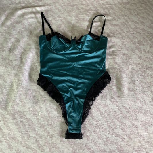 Teal and black lace silky thong teddy