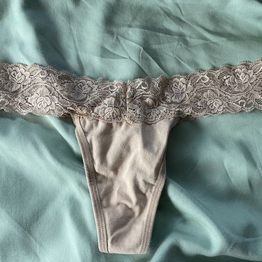 Beige Cotton and Lace Thong