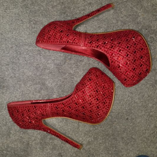Red sparkly platform heels