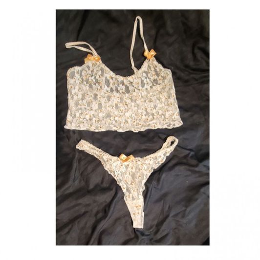 07White lace Camisole and Thong Set w Gold Bows