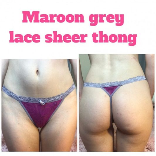 Maroon Grey Lace Flower Thong Panties