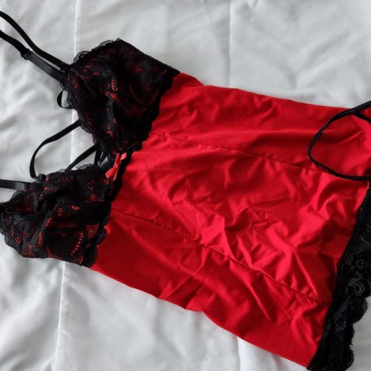 Red babydoll with black lace