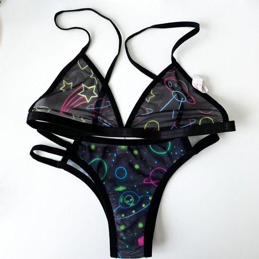 Neon Outer Space Mesh Bra and Panty Set