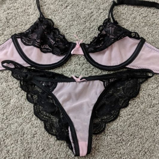 Pink and Black Mesh Bra and Panty