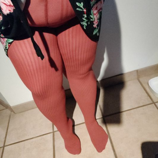 BBW Pink Ribbed Pantyhose with Feet