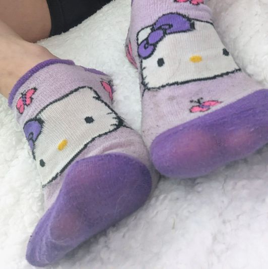 Worn and Sweaty Purple Hello Kitty Ankle Socks