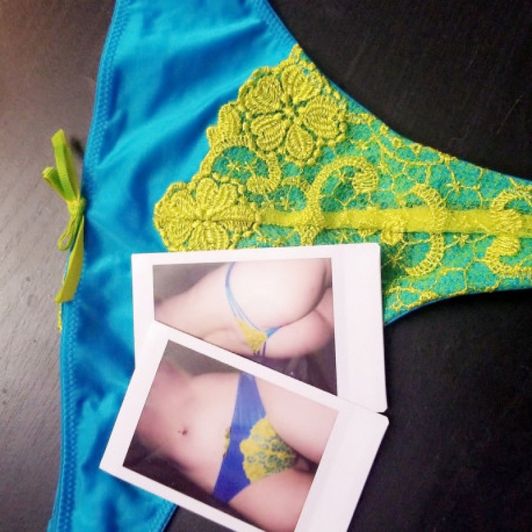 Silky blue and green lace thong