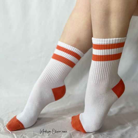White Crew Socks with Red Orange Stripe