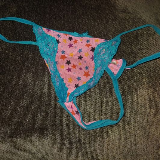 Used pink and blue mesh thong