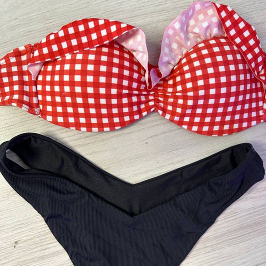 Red polkadot bra and black panties Bikini