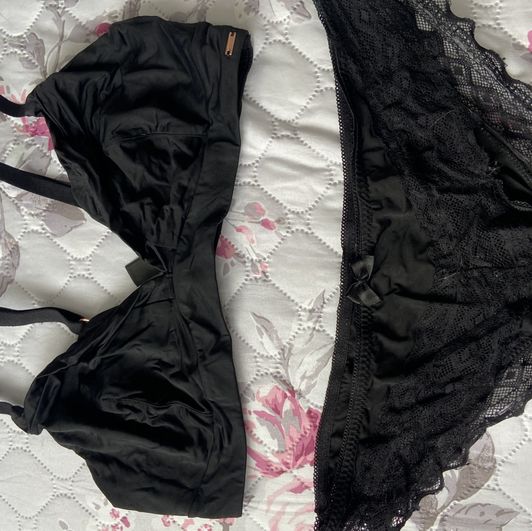 Black satin bra and panties well worn