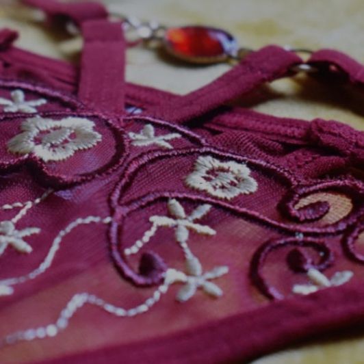 Burgundy Embroidered Mesh Thong