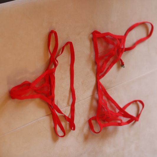 My used red transparent thong with bra