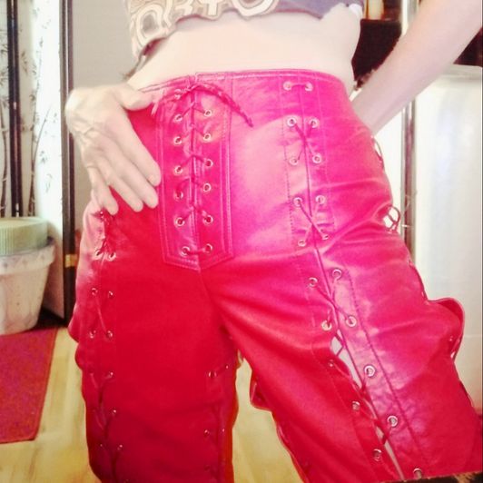 Red Leather Laceup Sexy Pants Unisexual
