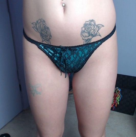 Blue and Black Silk and Lace Thong