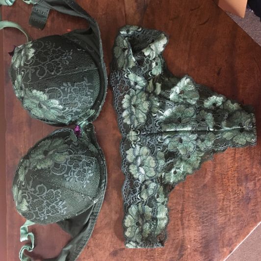 Well worn green bra and panty set