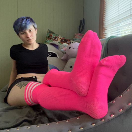 Worn Neon Pink Knee High Socks w Stripes