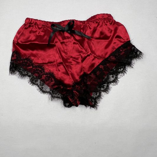 Red Silk with Black Lace Shorts Set