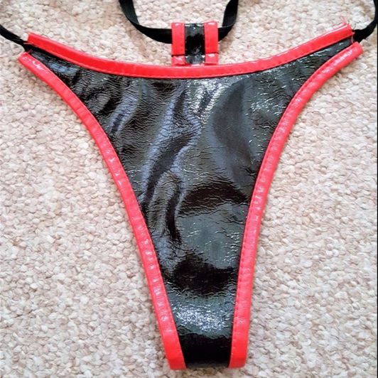 WORN RED BLACK PVC Thong Panties
