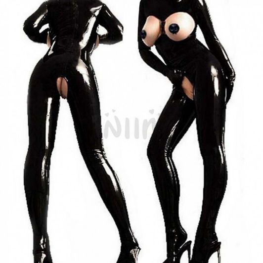 Crotchless Black Leather Catsuit