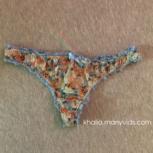 Floral Lace Thong Panties with Blue Trim