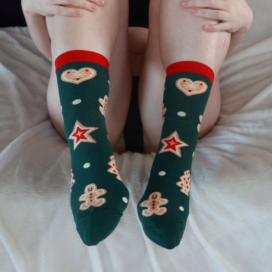 Worn Green Christmas Cookie Socks