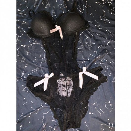 Black Pink Bow Lace Lingerie One Piece