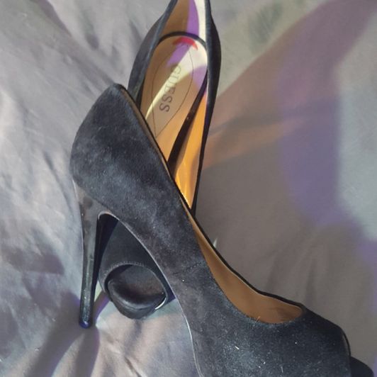Well worn suede peeptoe stiletto heels