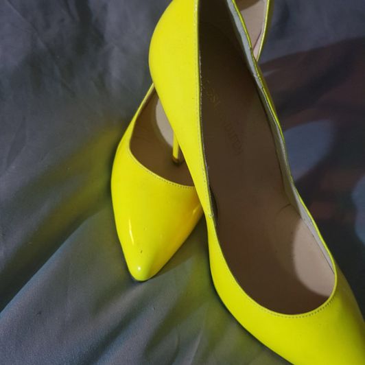 Dayglo yellow stiletto heels Gilf mature