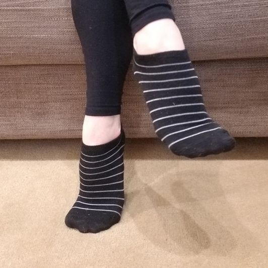 Worn Black and White Striped Ankle Socks