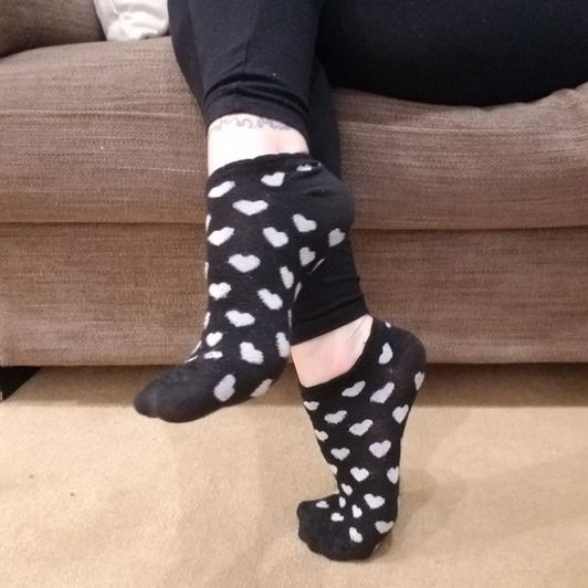 Worn Black Ankle Socks With White Hearts