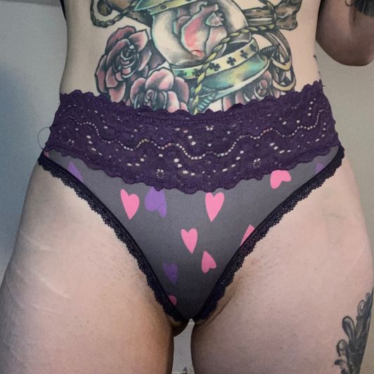 Purple thong panties with pink hearts