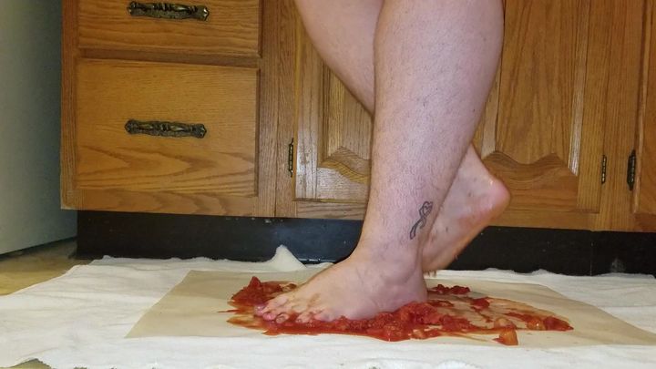 Crushing diced tomatoes with my big feet